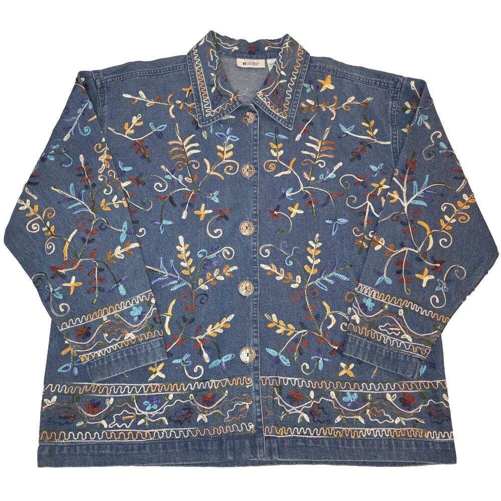 Vintage Units Women’s 1X Blue Denim Jacket Embroidered Floral Bordado